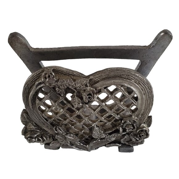 Victorian Pewter Business Card Holder Metal Heart Roses Flower Floral Desk - Picture 5 of 9